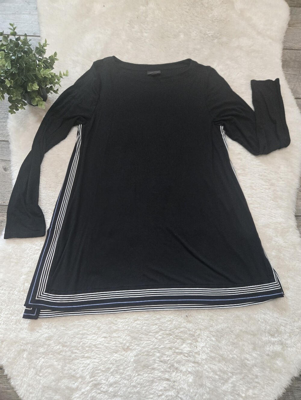 J. Jill Wearever Collection Black Long Sleeve Blue Strip Sporty Tunic Top, M